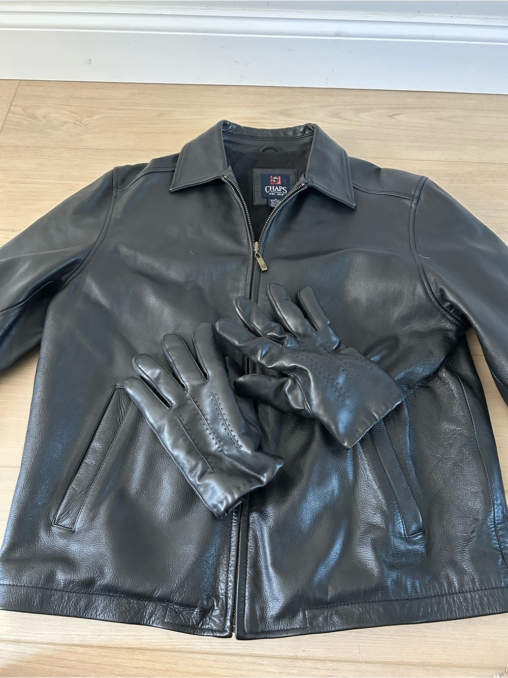 Chaps Leather Jacket and Gloves